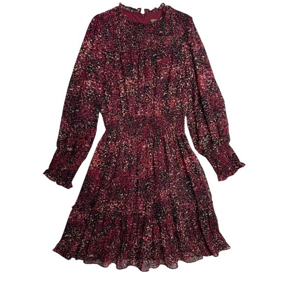NEW TAYLOR CHIFFON SMOCKED RUFFLE DRESS DARK BLOOMCORE BURGUNDY SIZE 8 - Picture 2 of 7